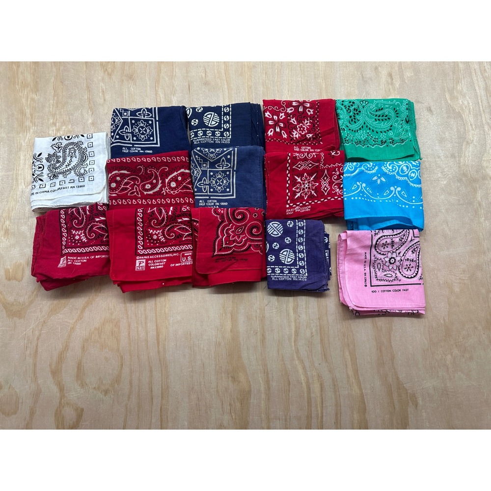 Vintage Cotton Bandana Lot 13pc Made in USA Paris Accessories Paisley Mixed Colo